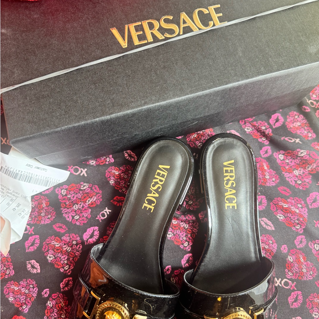 Versace Black Sandals With Gold Embellishments